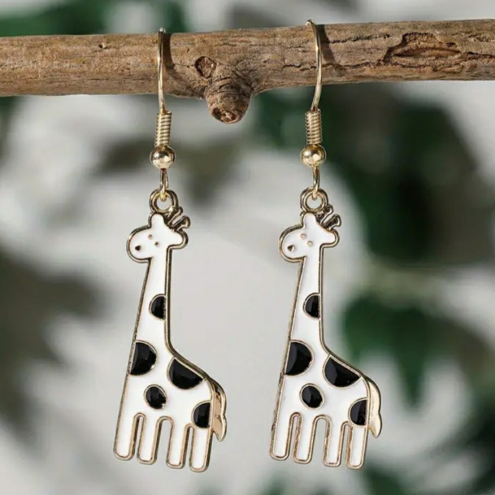 NEW Giraffe White Black and Gold Dangle Earrings
